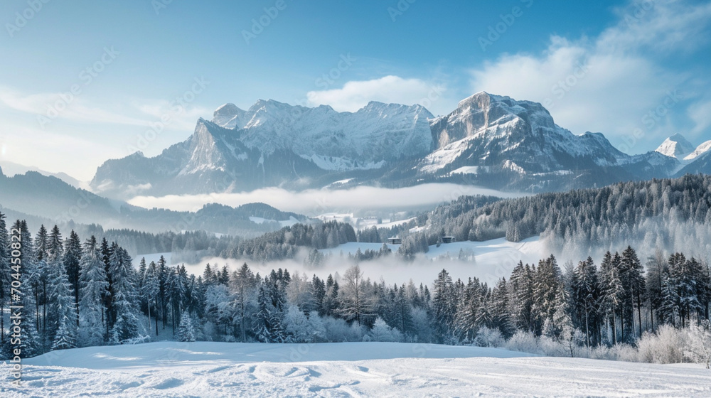 snowy mountain view forest, winter vacation, skiing, winter camping