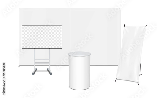 Tradeshow backdrop display, round exhibition table counter, wheeled TV stand, spider X-banner standee mockup. Trade show kit vector mock-up. Expo set template for design