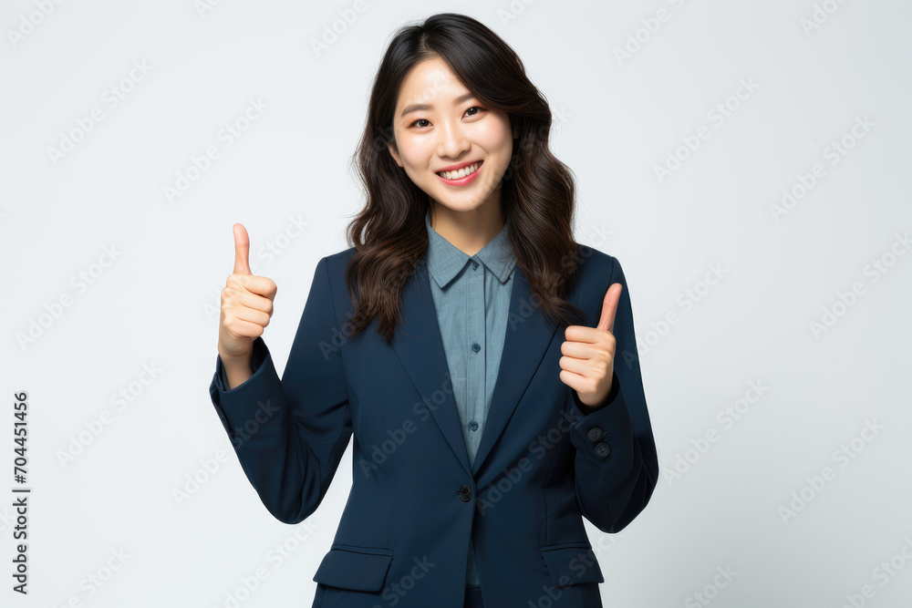 Smiling Asian businesswoman in blue suit giving thumbs up against a white background. Smiling Asian businesswoman in blue suit giving thumbs up against a white background.