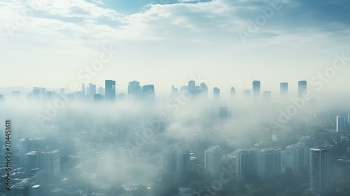 Aerial view of a big city covered in smog or pollution. drone view 