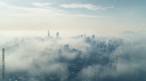 Aerial view of a big city covered in smog or pollution. drone view 