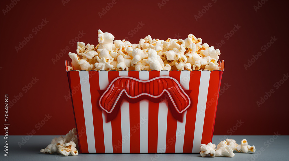 striped box with popcorn on red background