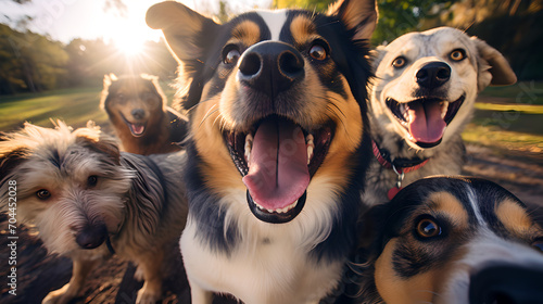 selfie of a group of lovely dogs outside on blurred background