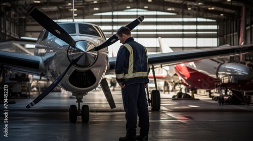 Apprentice aircraft maintenance engineer in maintenance hangar 