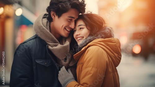 Asian young couple hugging with positive emotion 