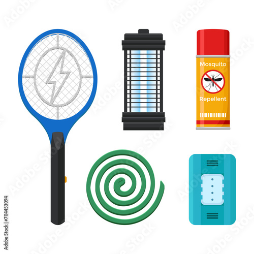Vector of mosquito control products. Mosquito repellent, electric racket, spiral mosquito repellent coils, mosquito killer lamp.