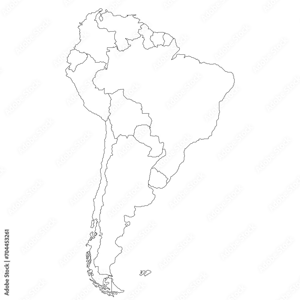 Map of South America with countries in linear view. Stylized map of