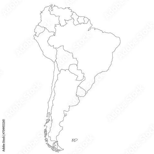 Map of South America with countries in linear view. Stylized map of South America in minimalistic modern style