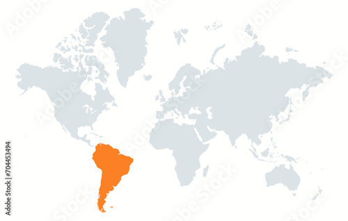 The continent of South America on the world map. Highlighted continent of South America on the world map in minimalistic style.