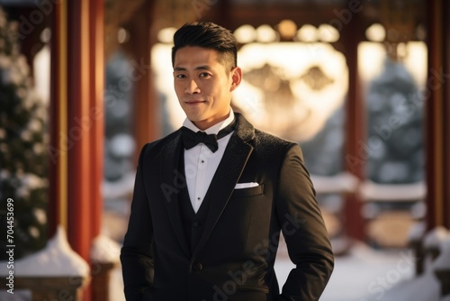 Elegant man in a strict black suit with a bow tie