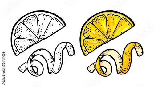 Lemon slice and peel twirled. Vector color vintage engraved