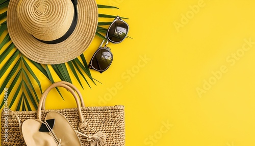 Straw hat, eco-friendly wicker bag, sunglasses, stere branches on yellow background with space for text, Straw hat and beach sunglasses on yellow background with shells and leaves, AI  photo