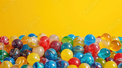 Colorful marbles on a yellow background, graphic banner with copyspace