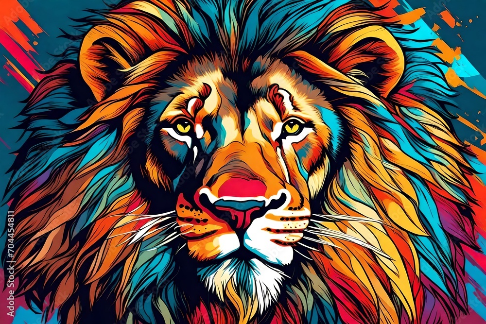 Abstract, colorful, neon portrait of a lion head on a black background in pop art style with splashes of watercolor