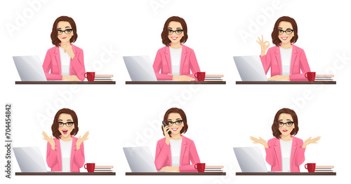 Beautiful business woman using laptop computer sitting at the desk in different poses set isolated vector illustration