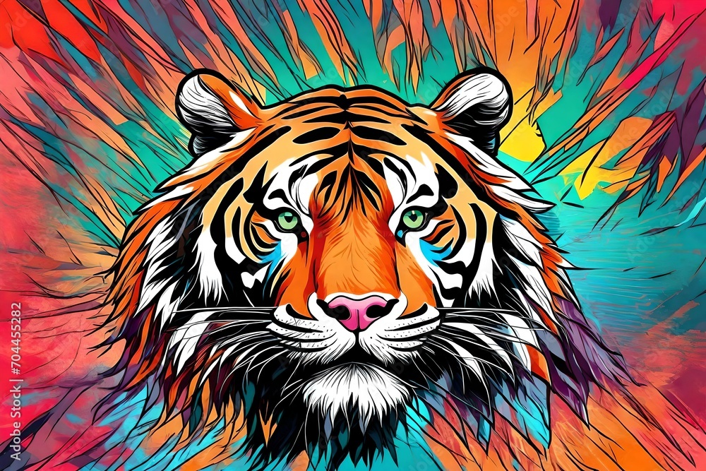 Abstract, colorful, neon portrait of a tiger head on a black background in pop art style with splashes of watercolor
