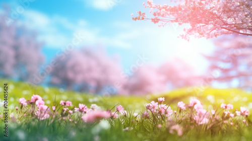 Blossoming branch of a cherry tree with pink flowers on a background of the spring landscape