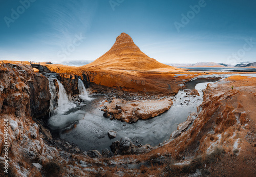 Fantastic evening with Kirkjufell volcano the coast of Snaefellsnes peninsula. Picturesque and gorgeous morning scene. Location famous place Kirkjufellsfoss waterfall, Iceland, Europe. Beauty world. photo