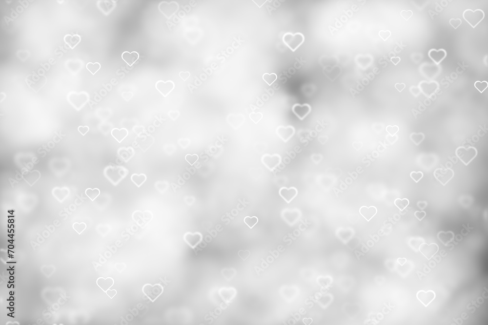 Beautiful bright silver white bokeh with hearts illustration background. Valentine's day holidays copy space greeting card.