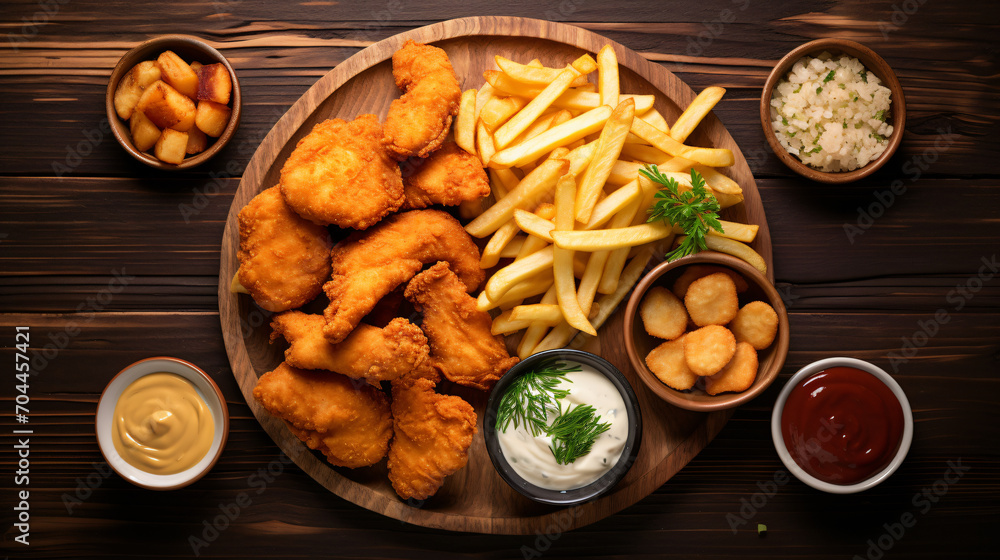 Chicken nuggets and french fries with various