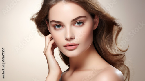 Beautiful young woman with healthy skin . Spa, skincare and wellness. advertising. Close up, copyspace. 