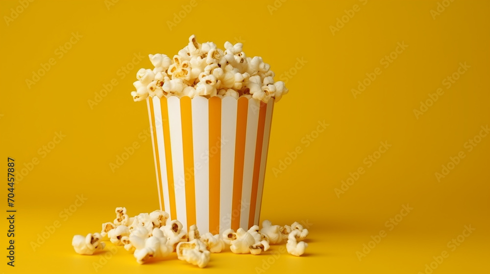 delicious popcorn in decorative paper popcorn bucket on yellow background