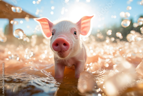 Eco pig farm, cute piglet playing in the puddle.