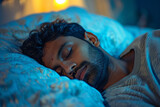 In a restful nighttime scene, an Indian man is peacefully sleeping in his bed at home, embodying the concept of bedtime and relaxation. This serene image depicts the tranquility of nighttime rest, sym