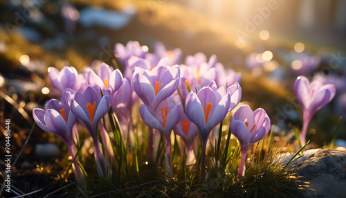 crocuses bloom on the grass with sunlight