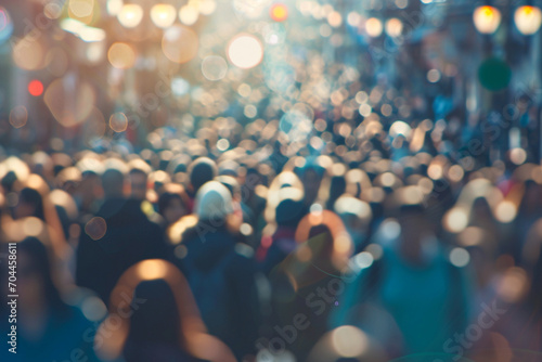 A blurred crowd on the street captures the vibrant energy of a bustling thoroughfare without distinct details of individuals. This image reflects the movement and liveliness of people navigating their