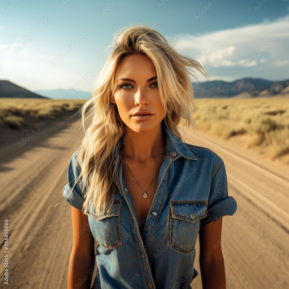 Beautiful blonde woman in a denim jacket on the road in the desert Beautiful blonde woman in a denim jacket on the road in the desert