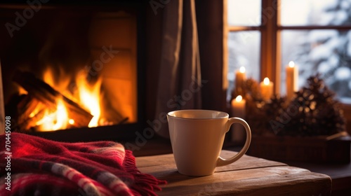 Mug of hot tea in cozy living room with fireplace on a chair with blanket