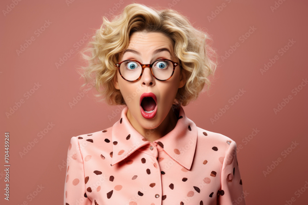 blonde girl with curly hair wearing glasses in a pink blouse with polka dots with her mouth open, showing surprise, surprise blonde girl with curly hair wearing glasses in a pink blouse with polka dots with her mouth open, showing surprise, surprise