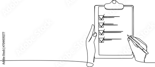 continuous single line drawing of hands holding clipboard with checklist, line art vector illustration