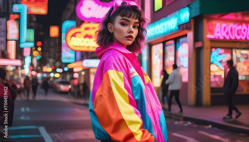 80s-style character in city: neon lights, vibrant outfit, retro vibes. Ai generation