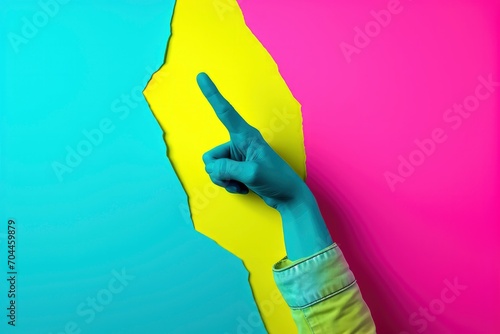 Hand pointing out of a hole in a pop art collage style in neon bold colors