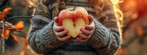 A child holds an apple in her hand that has a heart cut out photo