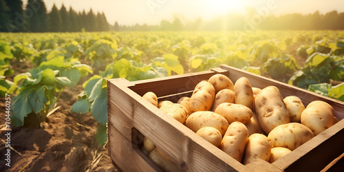 From Field to Fork: A Visual Journey of the Potato Harvest, Showcasing the Richness of Fresh Organic Potatoes in a Wooden Box and the Delicate Art of Selective Focus in Agricultural Photography, AI
