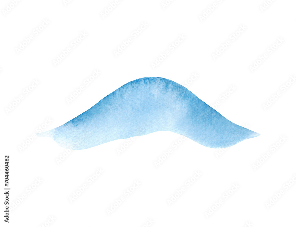 Watercolor illustration of a blue wave hand-drawn isolated on a white background. A decorative element, a fragment of water for design and decoration. A sea wave with a gradient.