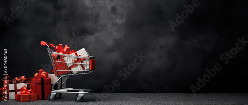 shopping cart with many gift boxes on dark background, Black Friday concept, discount and sale. photo