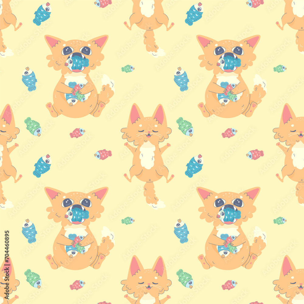 Seamless pattern cat full of fish and sleeping, vector illustration for fabric