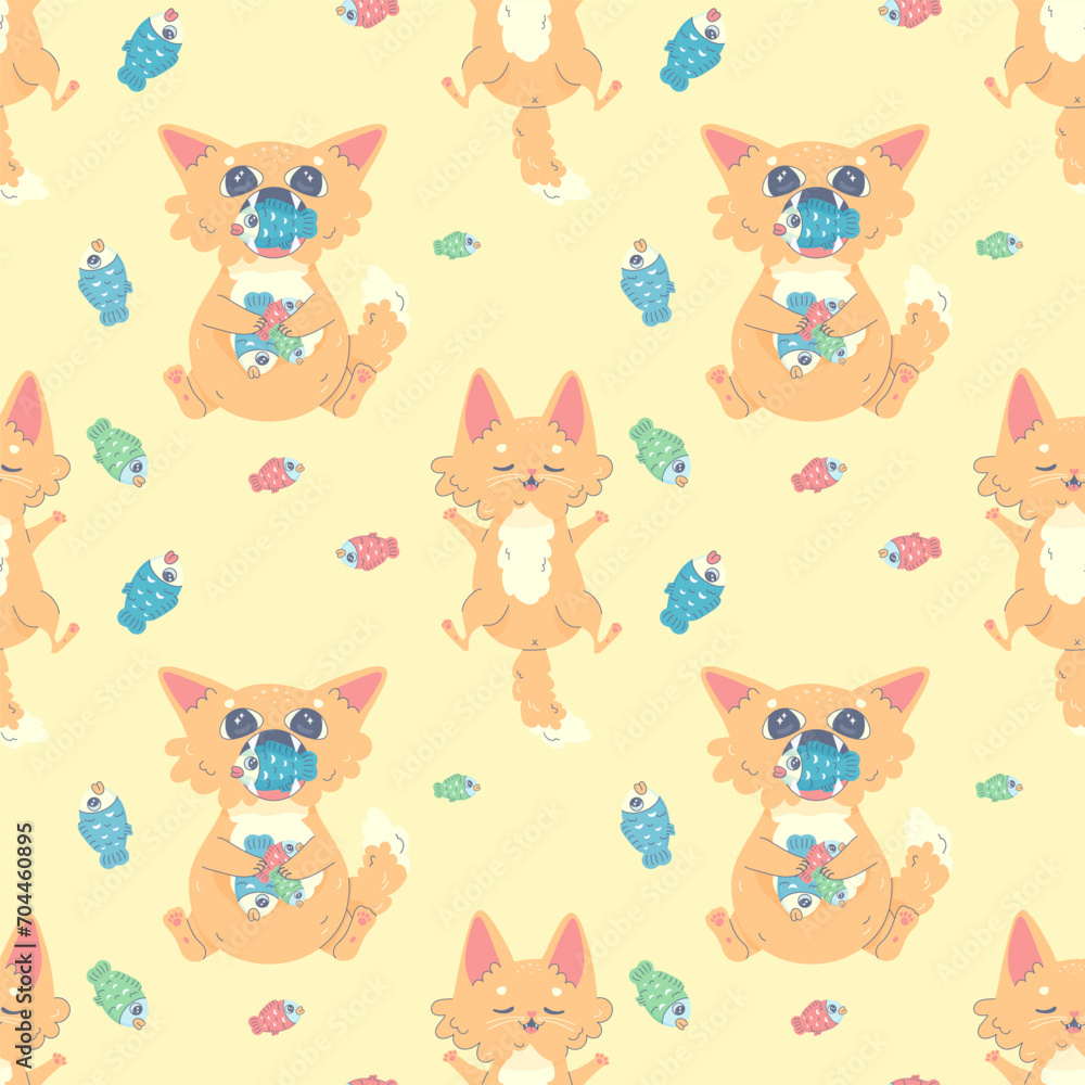 Seamless pattern cat full of fish and sleeping, vector illustration for fabric Seamless pattern cat full of fish and sleeping, vector illustration for fabric