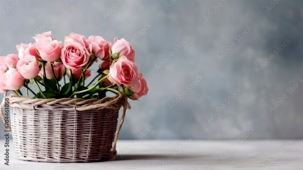 basket with roses, place for text, postcard, women's day