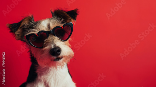 Charming Terrier dog in heart shaped sunglasses against a vibrant red background with space for text, for Valentines Day greetings or banner.