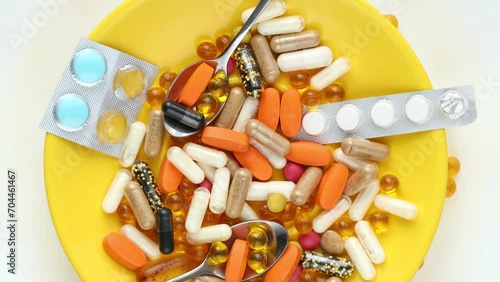 Rotating yellow plate with spoons full of medicines and supplements, Health concept, Excess consumption of medicines and dietary supplements, flat lay, white background photo