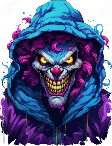 T-shirt design, scary evil clown wearing a colorful hoodie, transparent background