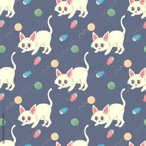 Seamless pattern of balls of thread and cat, vector illustration for fabric, print