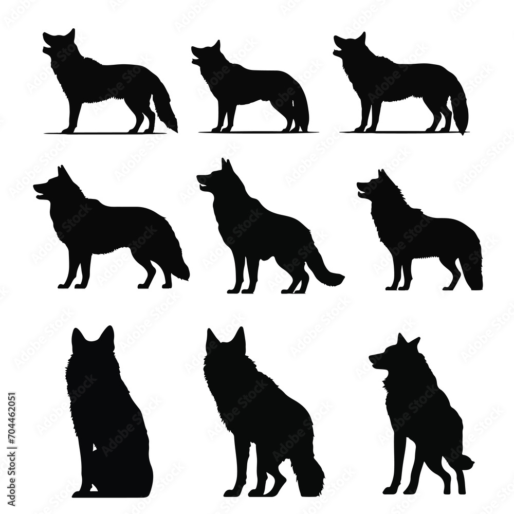 Wolf Silhouette Vector Illustration, perfect for wildlife enthusiasts, featuring a howling wolf against a moonlit sky. 