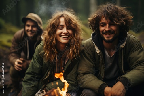 group of people in the forest near a fire