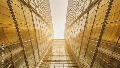 golden glass building facade in worm eye view in linear view to see the clear sky abstract architecture architectural material background texture